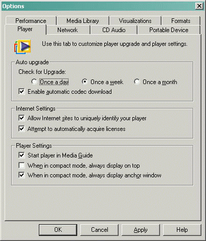 Screen shot of Windows Media Player Options Dialog