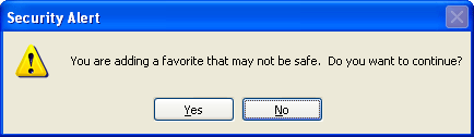 Security warning. You are adding a favorite that may not be safe.