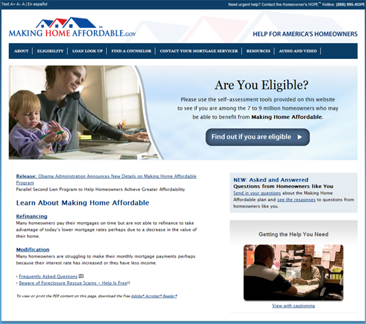 Screen shot of Making Home Affordable landing page