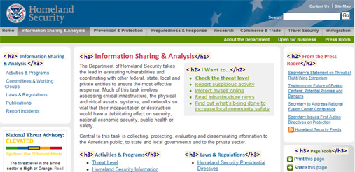 Screen shot of DHS page with headings