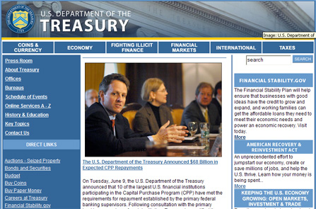 Screen hot of Treasury Department home page