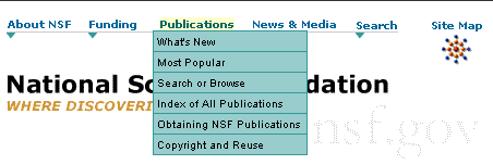 screen shot of nsf.gov with open Publications menu with 6 items