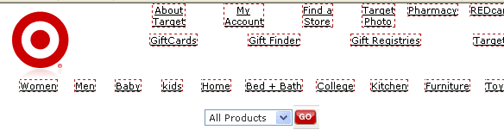 Target.com navigation with css images replaced by text