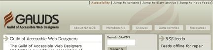 Screen shot of GAWDS.org with visible skip links