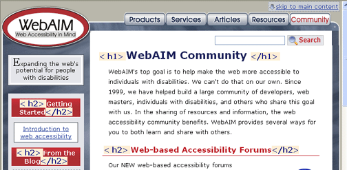 Screen shot of a WebAIM page showing 4 sections each with headings markup