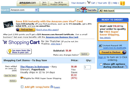 Amazon.com cart page, screen shot