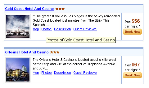 Priceline.com screen shot - Data for two hotels including links map, photos, details, guest reviews and book now.