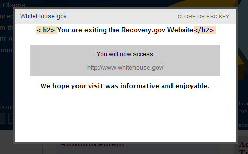 The Panel appears announcing you are leaving recovery.gov