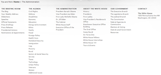Whitehouse.gov footer section screen shot