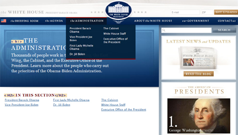 Screen shot showing fly-out menus on whitehouse.gov