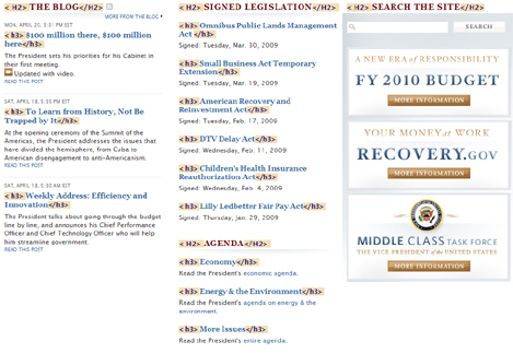 Screen shot of whitehouse.gove with headings higlighted