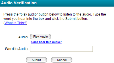 Screen shot of ne windos that contins interface for audio CAPTCHA